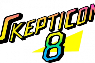 Skepticon 8 logo where the text "Skepticon 8" is laid out in a blocky, 80's style with neon colors.