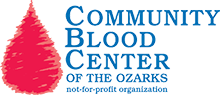 Community Blood Center of the Ozarks Logo which consists of a big, sketchy red blood droplet and light blue text.